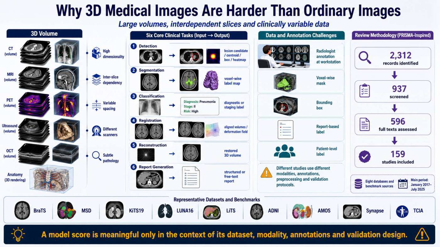 Slide 2 of 5 from the visual summary of “A Comprehensive Review Tracing the Evolution of Volumetric Medical Imaging Analysis from Classic CNNs to Emerging AI-Agents”